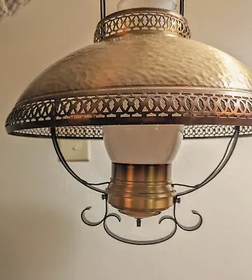Vintage MCM Copper Brass Metal Hanging Hurricane Milkglass Ceiling Light Fixture • $63.25