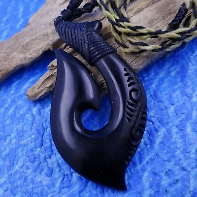 Classic Maori Fish Hook Pendant Necklace Black Horn (Large 2.75  Tall) • $21.12