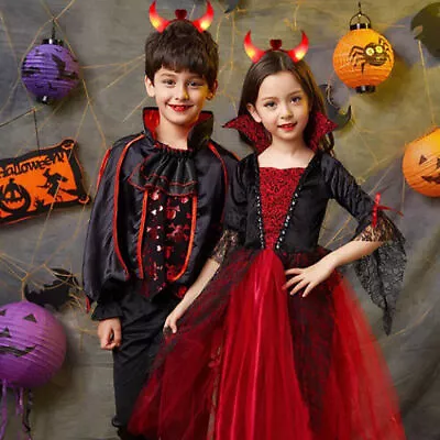 Kids Vampire Cosplay Costume Halloween Party Fancy Dress Up With Devil Headwear﹤ • £15.41