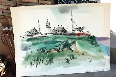 Cape Cod Lighthouse Original Large Watercolor 2- Sided Mcm Date: 1954 • $135