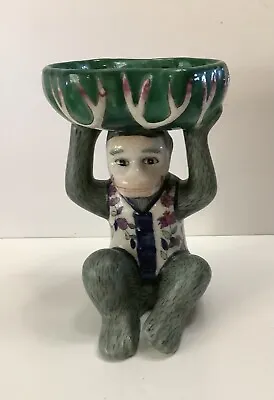 Vintage Porcelain Tobacco Leaf Chinoiserie Monkey With Bowl 1960s Hand Painted • $175