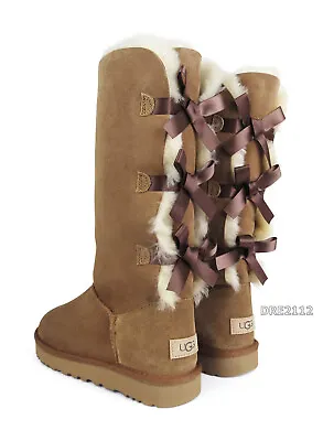 UGG Bailey Bow Tall II Triple Chestnut Suede Fur Boots Womens Size 7 *NIB* • $149.95