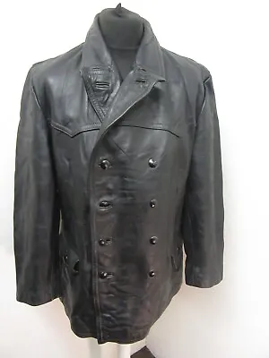 Vintage 70's Leather German Police Officers Pea Coat Jacket Size Uk L • £89