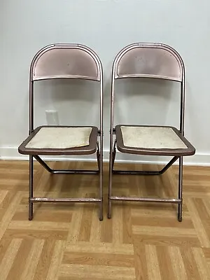 Vintage Metal FOLDING CHAIR PAIR Mid Century Set Beige Lot Bistro Dinette Steel • $39.99