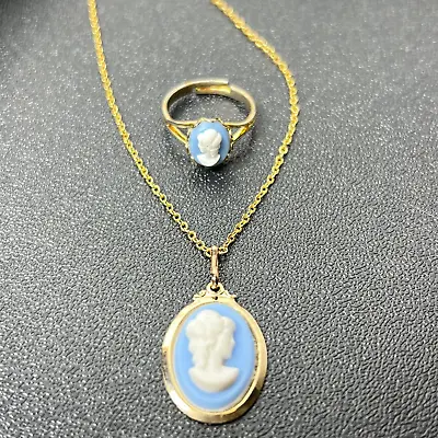 Blue Cameo 14K GE Yellow Gold Filled Lind Espo Ring Chain Necklace Set 5.31g • $59.99