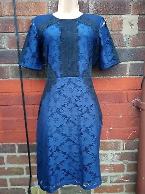 Oasis Navy Blue Lace  Illusion Wiggle Pencil Dress Size 12 Party Evening Day  • £14.99