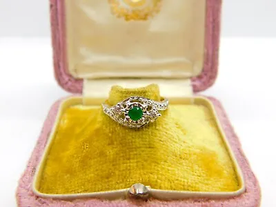 18ct Gold Emerald & 0.1ct Diamond Crossover Ring Vintage C1990 Size L 1/2 UK • £245