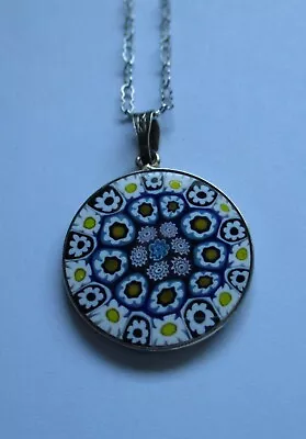 Sterling MM Murano Glass Millefiori Venetian Flowers Round Pendant & Chain T178 • $34