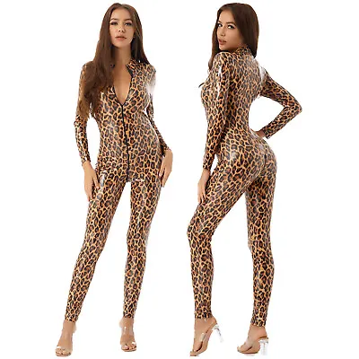 £18.83 • Buy Women Sexy Bodysuit Leopard Print Zipper Long Sleeve Catsuit Leotard Jumpsuit   