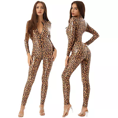 Women Sexy Bodysuit Leopard Print Zipper Long Sleeve Catsuit Leotard Jumpsuit    • £17.70