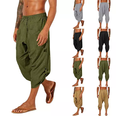 Mens Cotton Linen Baggy Loose 3/4 Harem Pants Casual Yoga Hippie Beach Trousers • $20.69