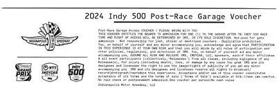 Indy 500 Ticket 2024 Indy 500 / Sunday After Race Garage Pass • $20