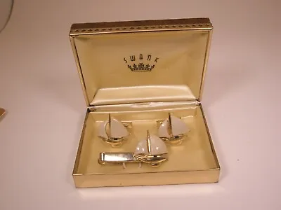 Sailboats Vintage SWANK Cuff Links & Tie Bar Clip Set In Original Box • $90.49