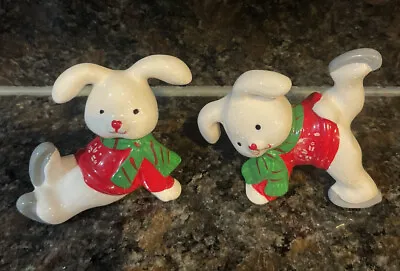 VTG Mervyns Ceramic Christmas Ice Skating Tumbling Bunny Rabbit Set Of 2 Japan • $14.99