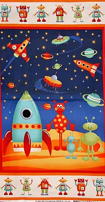 Space Alien Fabric Space Rocket Robot Planet RETIRED Cotton Makower 24  Panel • $8.95