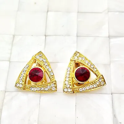 $29.99 • Buy Red & White Rhinestone Statement Clip On Earrings Gold Tone Vintage Strand #9769