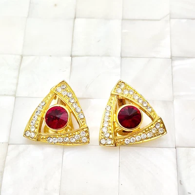 $29.99 • Buy Red & White Rhinestone Statement Clip On Earrings Gold Tone Vintage Strand #9769
