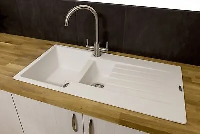 £200.90 • Buy Reginox Harlem15 Kitchen Sink 1.5 Bowl Sink Pure White Granite Reversible Waste