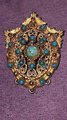 Vintage Costume Jewellery Large Elaborate Gold Tone Turquoise Brooch    C1960s  • £7