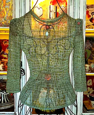 Vintage Betsey Johnson 90s Green Blue Sheer Mesh Snake Stretch Dress Shirt Top S • $99.99