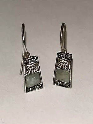 Vintage Sterling Silver Green Jade And Marcasite Drop Earrings Happiness 925 • $65