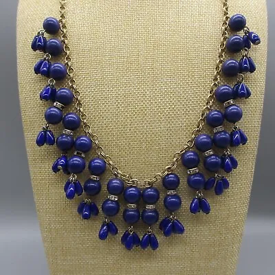 J Crew Necklace Blue Beads Crystal Rhinestone Rondelles Dangles Gold Tone 26  • $26