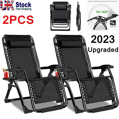 2 X Reclining Sun Lounger Outdoor Garden Zero Gravity Chair Folding Adjustable • £79.88