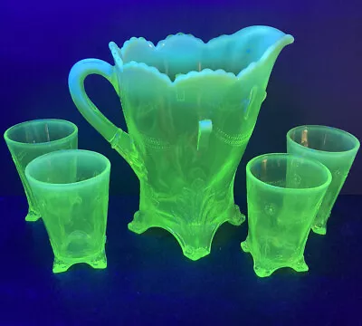 Jefferson Glass Swag Bracket Vaseline Opalescent Water Pitcher & 4 Tumblers 1904 • $339.99