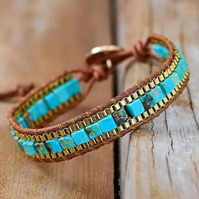Natural Turquoise Beads Handmade Healing Reiki Chakra Women Bangle Cuff Bracelet • $13.80