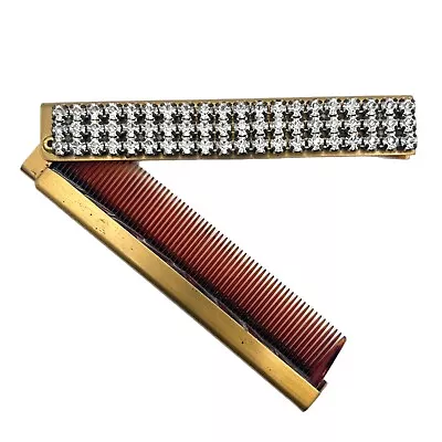 Vintage Rhinestone Brass Metal Brown Teeth Folding Gold Tone Comb Retro • $20