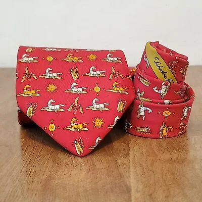 Salvatore Ferragamo 100% Silk Tie Horse Corn Sun Moon Print Red Made In Italy • $19.99