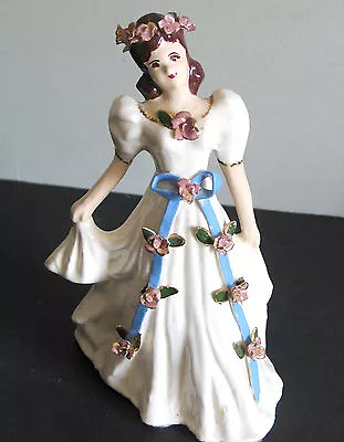 Vtg Ceramic Lady Figurine Swirl White Dress Blue Ribbon Applied Roses 8  FREE SH • $24