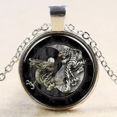 Dragon Tiger  Yin Yang Glass Dome Cabochon Silver Plated Necklace 18  JP200A • £3.99