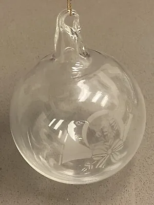 Vintage Blown Glass Ball Ornament Clear With Etched Christmas Horn • $12