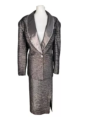 Moshita Couture 2PC Acetate Metallic Gray Shawl Collar Beaded Skirt Suit Size 18 • $49.97