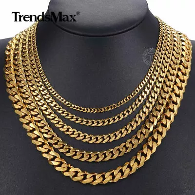 16 -36  3/5/7/9/11mm Gold Plated Stainless Steel Curb Cuban Mens Necklace Chain • $9.49