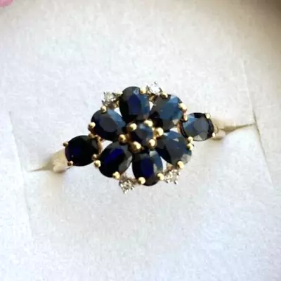 9ct Gold Sapphire And Diamond Cluster Flower Ring Size O • £74.95