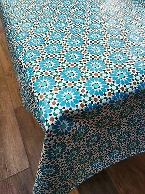 Azure Flower Geometric Pattern PVC Vinyl Wipe Clean Oilcloth Tablecloth • £7.99