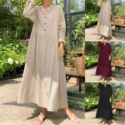 UK Women Holiday Maxi Long Sundress Ladies Long Sleeve Linen Oversized OL Dress • £14.49