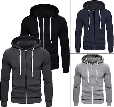 Mens Zipper Hoodie American Plain Fleece Zip Up Jacket Sweatshirt Hooded Top • £10.79