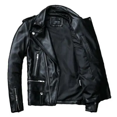 Men's Punk Genuine Sheepskin Leather Jacket Lapel Motorcycle Biker Long Sleeve • $162.86