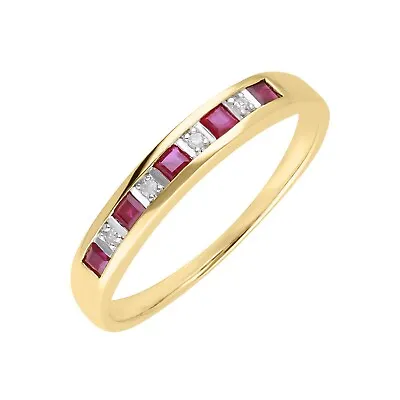 Ivy Gems 9ct Yellow Gold Square Cut Ruby & Diamond Half Eternity Ring Size S • £149.99