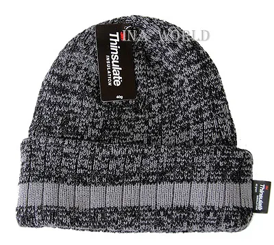 Beanie Hat Cuffed Knit Stretch Skull Cap 3M THINSULATE Insulation Stripe Gray • $10.85