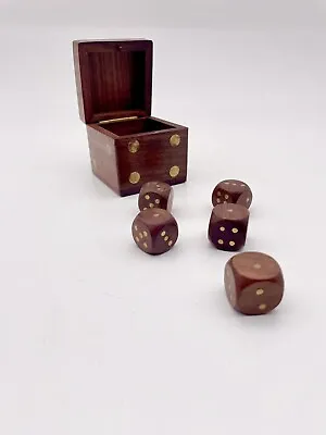 Vintage Brass Inlaid Dice Box 2 1/2  Cube With Five Matching Wooden DIce Game • $30