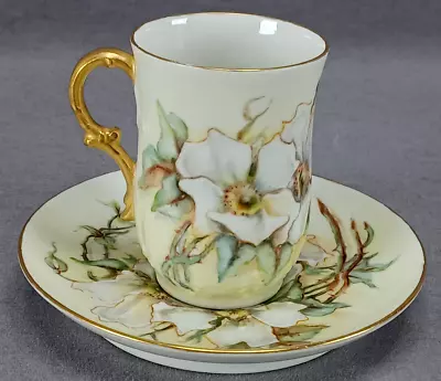 Limoges Hand Painted Signed Hoyt Wild Roses Yellow Gold Chocolate Cup & Saucer B • £156.83