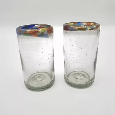 Hand Blown Mexican Glasses  Multi Color Rim 6  Set Of 2 • $19