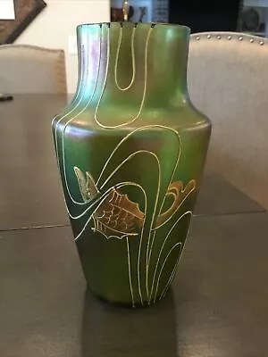 Vintage Quezal  Lutz Steuben ? Art Glass Vase Fish Green Purple With Gold • $225