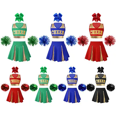 UK Girls Shiny Cheerleading Outfit Sleeveless Crop Top With Skirt School Uniform • £8.19