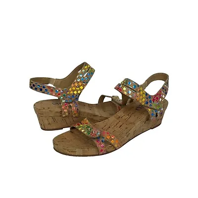 Vaneli Shoes Women Sz 5 Sandal Multicolor Tan Cork Wedge Heel Rainbow Squares • $44.92