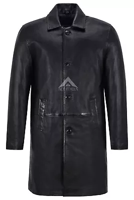 Men's Knee Length Leather Coat Black Classic 3/4 Trench Real Lambskin Coat 1476 • £127.99